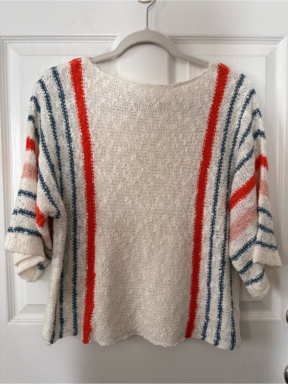 Cream Striped Scoop-Neck Sweater with Red and Navy Accents